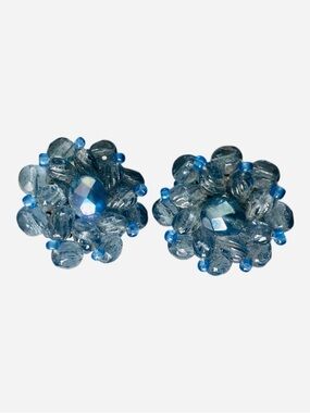 Vintage Western Germany Blue Beaded Glass Cluster Clip-On Earrings
